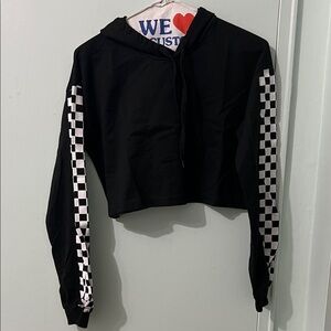 Black Cropped Hoodie with Checkered Sleeves
